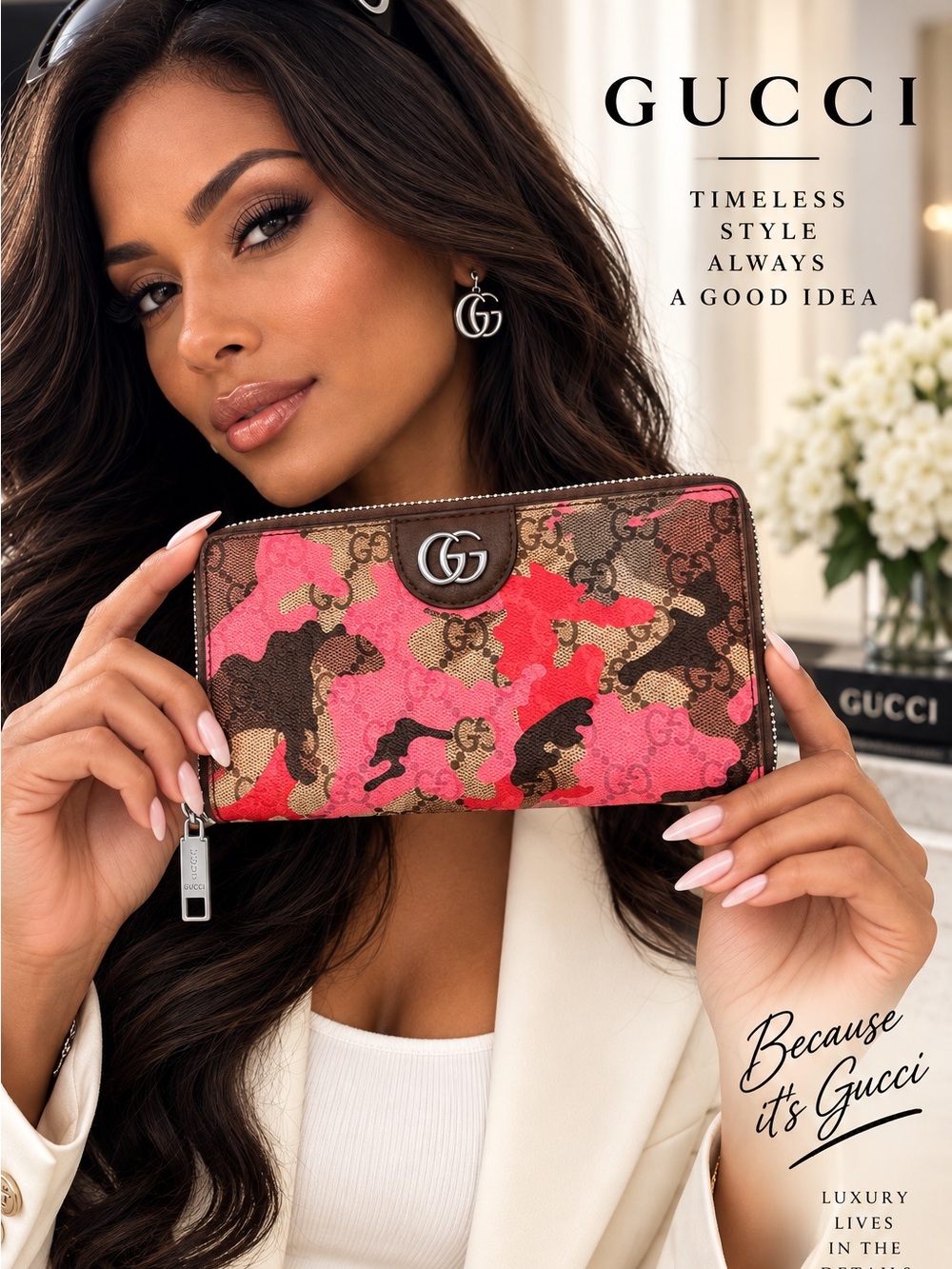 NWT Gucci Pink and Brown GG Camouflage Zip Wallet